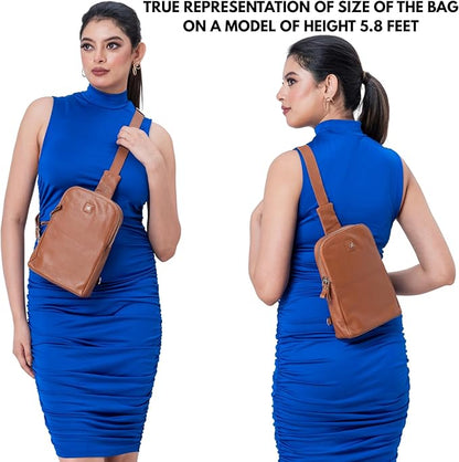 Leather Sling Bag for Women Genuine Crossbody Purse Small Trendy Cross Over Chest with Phone and Credit Card Slots (Cognac Nappa)