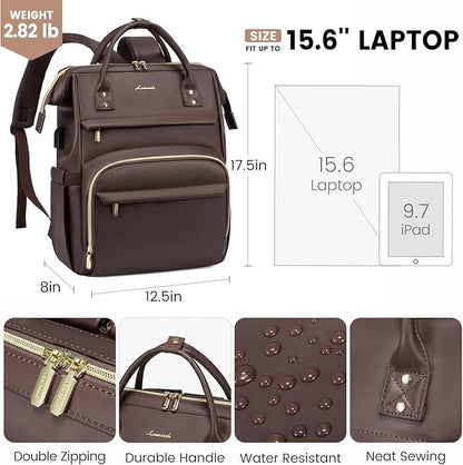 LOVEVOOK Leather Laptop Backpack for Women 17 inch, Travel Backpack Purse Nurse Teacher Computer Laptop Bag, Professional College Business Work Bags Carry On with USB Port, Coffee