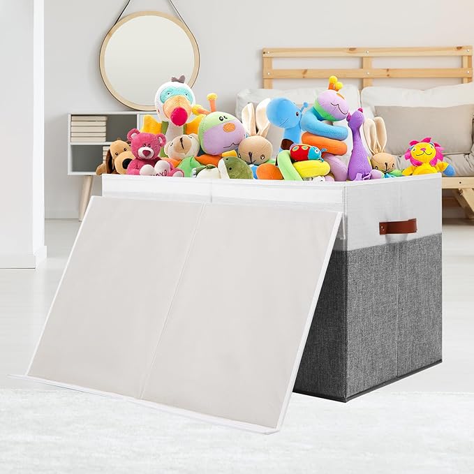 Gowee Large Toy Storage Box with Lid, Sturdy Toys Storage Chest Bin Organizer Basket with Dividers for Kids, Boys, Girls, Nursery, Closet, Bedroom, Playroom 26"x17" x17" (Grey and White)