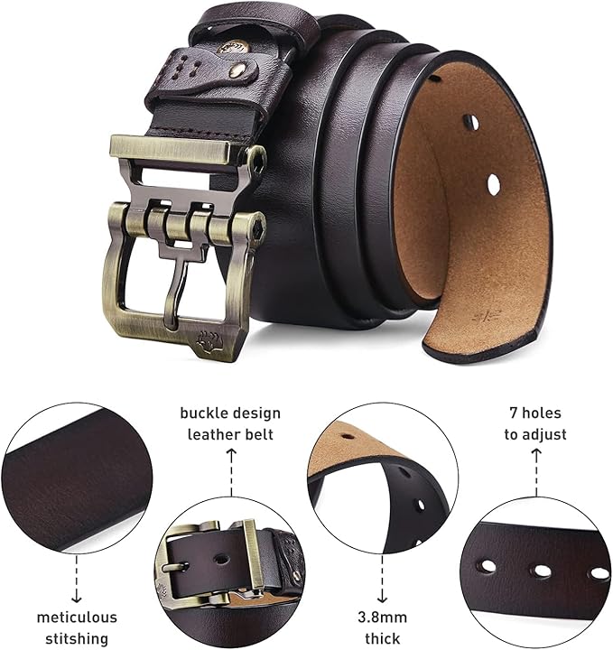 BISON DENIM Men's Belts Leather Dress Genuine Leather Classic Heavy Duty Buckle Belt Casual for Jeans