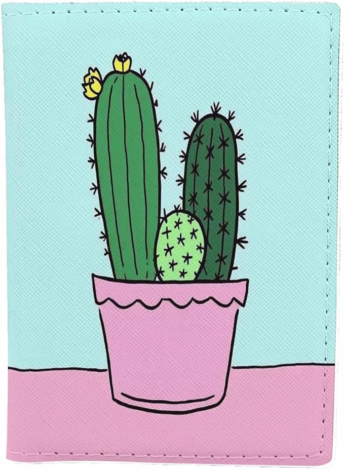 Cactus Passport Holder for Travel Green Cactus in Pink Flowerpot PU Leather Passport Cover Wallet Cute Passport Card Holder for Women and Men
