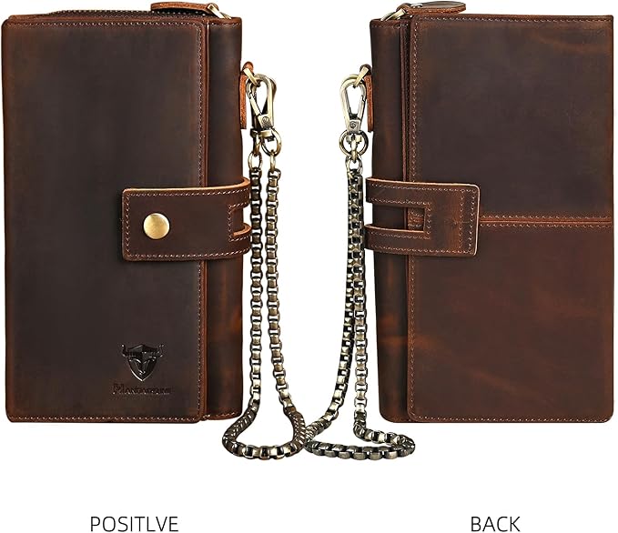 Genuine Crazy Horse Leather Travel Gift Coin Pocket Card Case Long Organizer Chain Rfid Wallet Purse With Snap For Men Male 1803 1815 (W-1819-Brown)