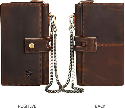 Genuine Crazy Horse Leather Travel Gift Coin Pocket Card Case Long Organizer Chain Rfid Wallet Purse With Snap For Men Male 1803 1815 (W-1819-Brown)