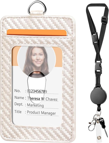 Leather Badge Holder and Adjustable Retractable Lanyards, Quick Release Buckle and Safety Breakaway Lanyards with Swivel Metal Clasp for Offices, Staff, Students, Employees