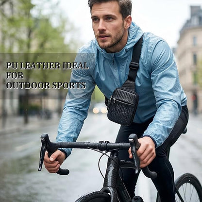 Mini Crossbody Sling Bag, PU Leather Chest Bag with 3 dimensional Woven Pattern, Dual Pocket Water Resistant Fanny Pack, Running Phone Holder for Men Women Workout Travelling(Black Carbon Fiber)