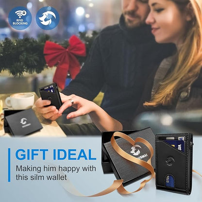 Wallet for Men, Slim Pop Up Card Holder with RFID Blocking, Minimalist Bifold Wallet with 9 Card Slots, ID Window and Cash Pocket, Metal Flip Case with Magnetic Closure, Gift Box