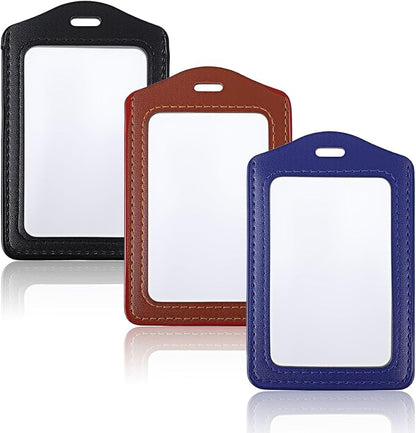 3 Pcs Leather ID Badge Holder, Vertical ID Card Holders Double-Side Clear Card Holder Waterproof Name Badge Holders for Office Staff Employees Doctors (Black, Blue, Coffee)