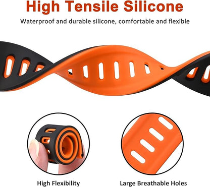 WOCCI 22mm Bicolor Watch Band, Silicone Rubber, Quick Release Replacement Strap for Men and Women, Silver Stainless Steel Buckle (Black-Orange)