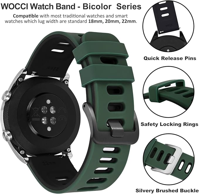 WOCCI 22mm Bicolor Watch Band, Silicone Rubber, Quick Release Replacement Strap for Men and Women, Black Stainless Steel Buckle (Green-Black)