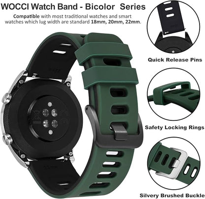 WOCCI 22mm Bicolor Watch Band, Silicone Rubber, Quick Release Replacement Strap for Men and Women, Black Stainless Steel Buckle (Green-Black)