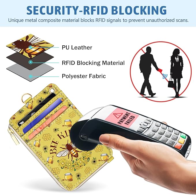 Piefly Bee Kind Lanyard Wallet with ID Badge Holder, Small RFID Wallet Women Keychain Wristlet, Slim Credit Card Holder Case with Zipper Pocket Phone Lanyard Wrist Strap Name Tag Office Teacher Gift