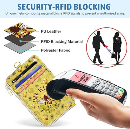 Piefly Bee Kind Lanyard Wallet with ID Badge Holder, Small RFID Wallet Women Keychain Wristlet, Slim Credit Card Holder Case with Zipper Pocket Phone Lanyard Wrist Strap Name Tag Office Teacher Gift