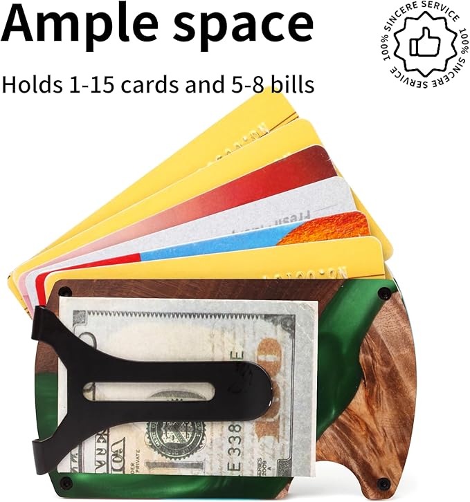 Wallet for Men, Minimalist Slim RFID Blocking Resin Wood Credit Card Holder with Money Clip, Easily Removable Cash&Card Metal Wallet,Resin River,Natuarl Walnut Wood,Unique Pattern,Gift for Men