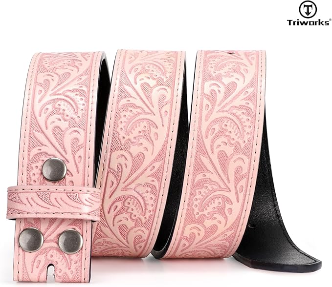 TRIWORKS Western Belt Strap for Men without Buckle 1.5" Wide Floral Engraved Embossed Leather Belt Strap