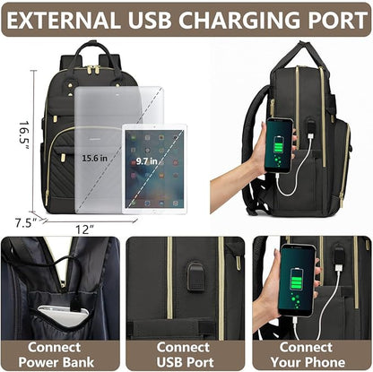 Laptop Backpack for Women Work Bag - 15.6 inch Black Travel Backpack College Backpack with USB Charger Business Office Back Pack for Teacher Casual Waterproof Bookbag for Nurses