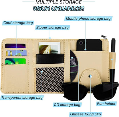 Car Sun Visor Organizer, Leather Pocket Organizer Sunglass Holder for Car Interior Accessories with Multi-Pocket Net Zipper, Beige