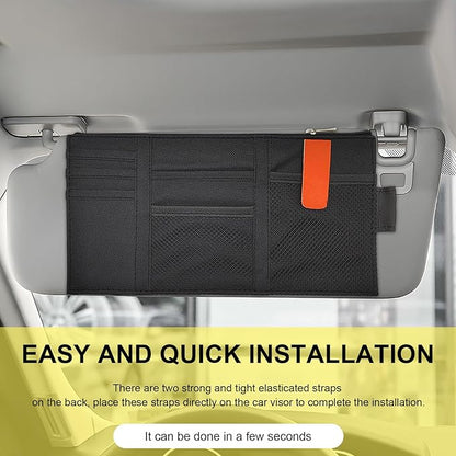 povtii Car Sun Visor Organizer, Oxford Cloth Sun Visor Multi-Pocket Storage Holder with Zipper, Auto Visor Storage Net Pouch for Card Note Phone Registration, Car Accessories (Black)