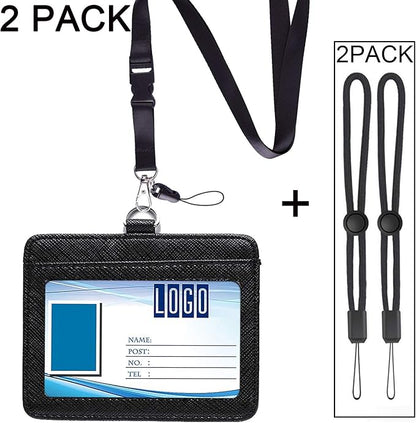 YOUOWO 2 Pack Black Neck Office Quick Release Lanyards and Small Black Adjustable Wrist Lanyard with Horizontal ID Badge Holder PU Leather,with Clips