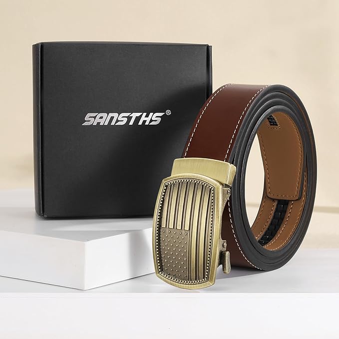SANSTHS Mens Ratchet Belts Leather 1 3/8" for Men Dress and Casual, Adjustable Click Belts with American Flag Buckles