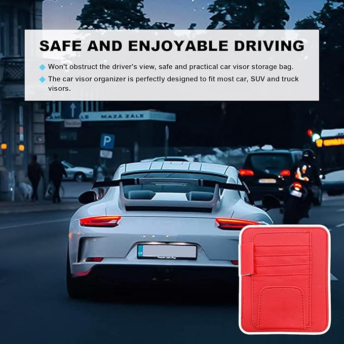 Dickno 2PCS Small Leather Car Sun Visor Organizer, Multifunctional Auto Visor Document Holder with Sunglasses Clip, Universal Car Interior Organizer for Drving License, Card, Pen (Red)