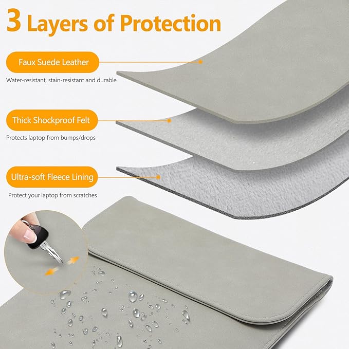 HYZUO 15 Inch Laptop Sleeve Case Bag for MacBook Air 15 M5 A3448 M4 A3241 M3 A3114 M2 A2941 2026-2023, 15" Surface Laptop 7/6/5/4/3, MacBook Pro 15 2019-2016, Faux Suede Leather, Light Gray