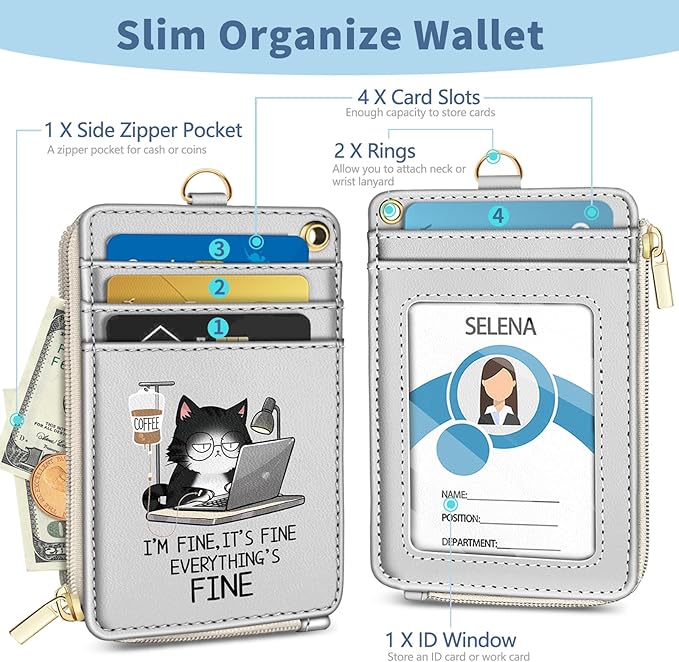 Lanyard Wallet with Id Badge Holder, Funny Cat RFID Small Keychain Wallet Women Wristlet, Cute Zipper Credit Card Holder Phone Wrist Neck Strap for Key Name Tag, Teacher Office Work Gifts