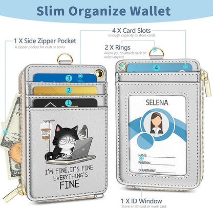 Lanyard Wallet with Id Badge Holder, Funny Cat RFID Small Keychain Wallet Women Wristlet, Cute Zipper Credit Card Holder Phone Wrist Neck Strap for Key Name Tag, Teacher Office Work Gifts