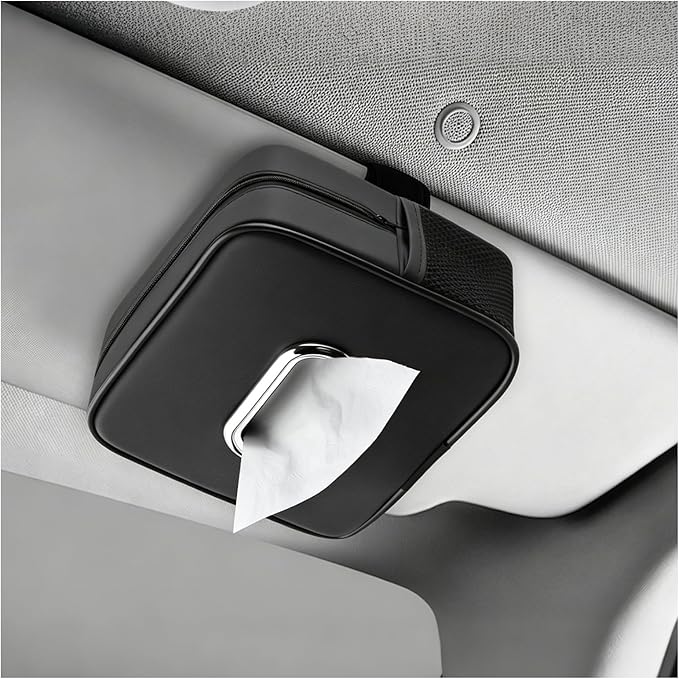 Leather Car Tissue Holder,Upgraded Large Capacity Car Tissue Box Cover with Side Mesh Pockets & Zipper,Foldable Tissues Holder in Cars for Sun Visor & Headrest Organizer