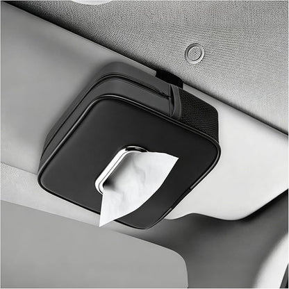 Leather Car Tissue Holder,Upgraded Large Capacity Car Tissue Box Cover with Side Mesh Pockets & Zipper,Foldable Tissues Holder in Cars for Sun Visor & Headrest Organizer