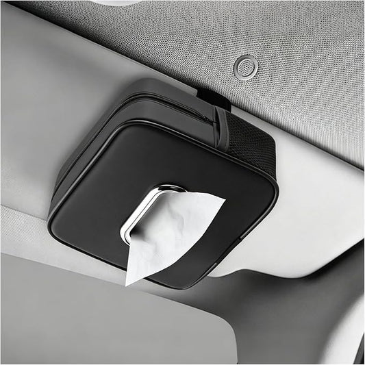 Leather Car Tissue Holder,Upgraded Large Capacity Car Tissue Box Cover with Side Mesh Pockets & Zipper,Foldable Tissues Holder in Cars for Sun Visor & Headrest Organizer
