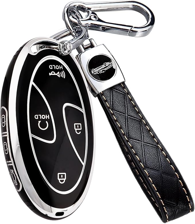 7 Buttons Compatible with Hyundai Key Fob Cover Accessories, Fits for Sonata Santa Fe Tucson KONA Grandeur Ioniq 6, Soft TPU Key Case with Leather Keychain (Black-Silver)
