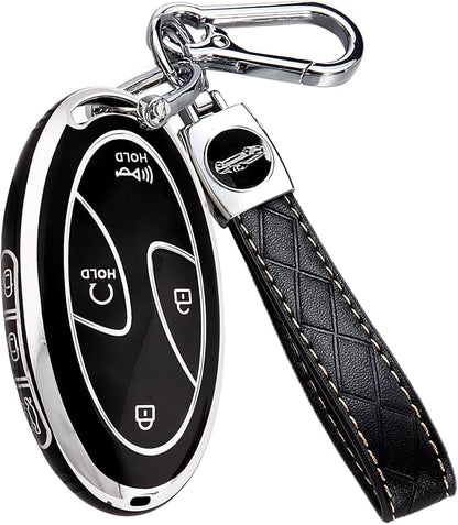 7 Buttons Compatible with Hyundai Key Fob Cover Accessories, Fits for Sonata Santa Fe Tucson KONA Grandeur Ioniq 6, Soft TPU Key Case with Leather Keychain (Black-Silver)