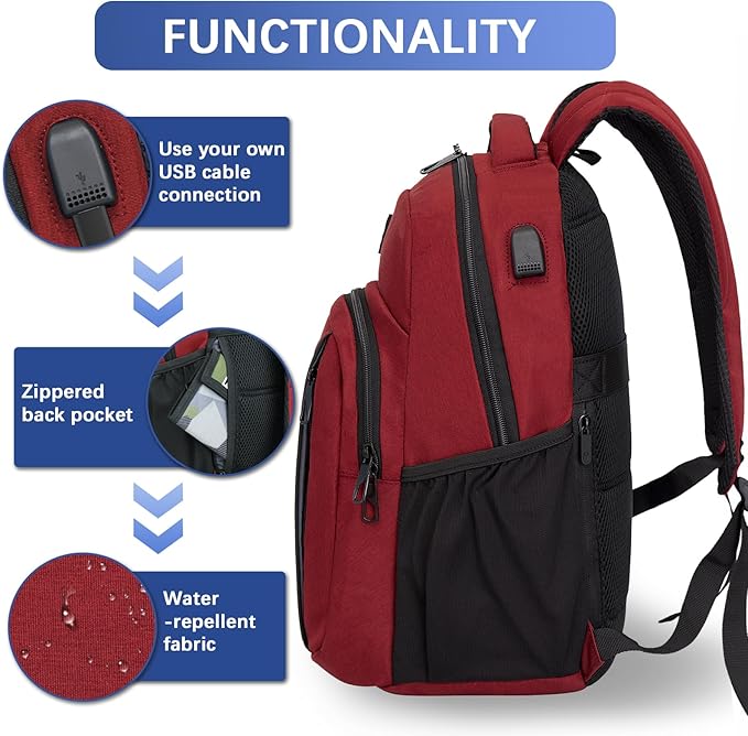 LARIPOP Carry On Backpack for Airplane, 15.6 Inch Laptop Backpack with USB Charging Port, Water Resistant Business Travel Backpack, Lightweight College School Bookbag Anti Theft for Men Women, Red