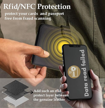 Genuine Leather Passport Holder for Travel - Rfid Passport Wallet with Hidden AirTag Slot, 2 Card Slots,for Men & Women & Family - Button Bifold Hidden Airtag Slot Style,Black