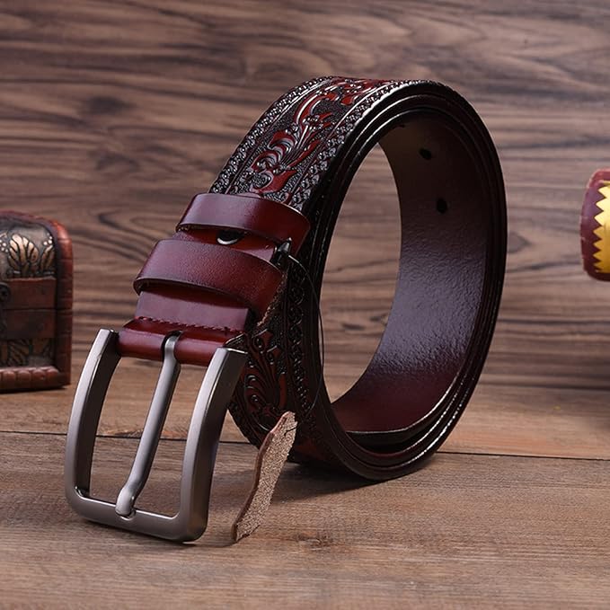 Men's Casual Genuine Leather Jeans Belts Vintage Leather Engraved Strap with Single Prong Buckle