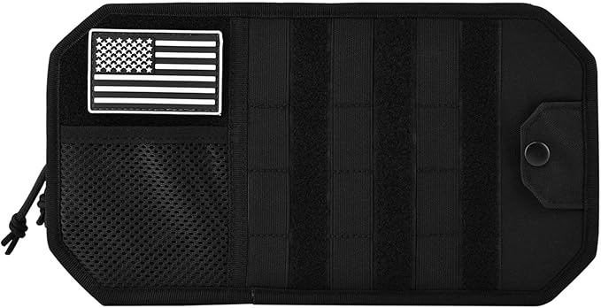 Car Sun Visor Organizer with Zipper Storage Pouch & Glasses Clip – Semi-Rigid MOLLE Panel with Patch – Universal Fit for Vehicles, SUVs, Trucks(Black)