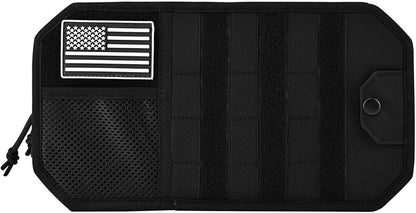 Car Sun Visor Organizer with Zipper Storage Pouch & Glasses Clip – Semi-Rigid MOLLE Panel with Patch – Universal Fit for Vehicles, SUVs, Trucks(Black)