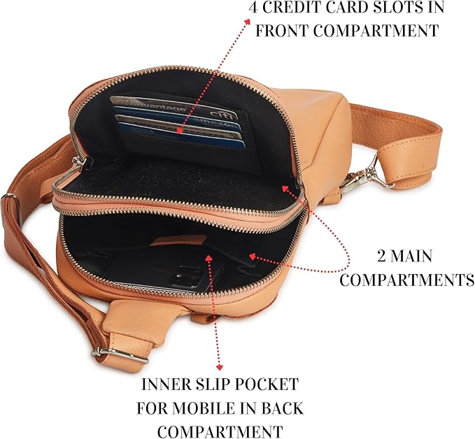 Leather Sling Bag for Women Genuine Crossbody Purse Small Trendy Cross Over Chest with Phone and Credit Card Slots (Peach Nappa)