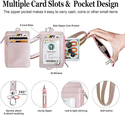 bolimoss 2-in-1 ID Badge Holder & Lanyard Wallet Women Girl Leather Vertical ID Badge Card Holder with Detachable Neck Lanyard, 1 Clear ID Window, 4 Credit Card Slots, 1 Cash Coin Slot Light Pink