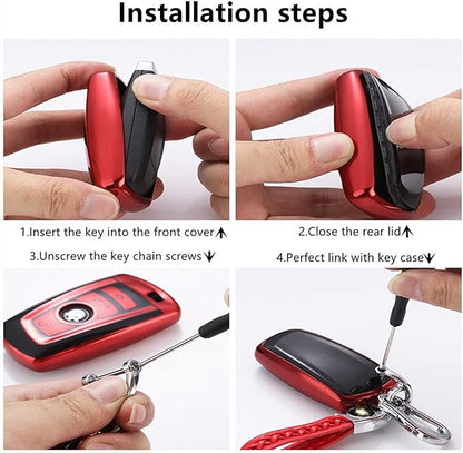 Creativity Suitable For BMW key fob cover. Advanced soft TPU key box is compatible with X1 X3 X4 X5 X6 1 2 4 5 6 7 M3 M5 M6 GT3 GT5 G30 F10 F15 F16 F20 key (Type A Red Key Case + key chain set)