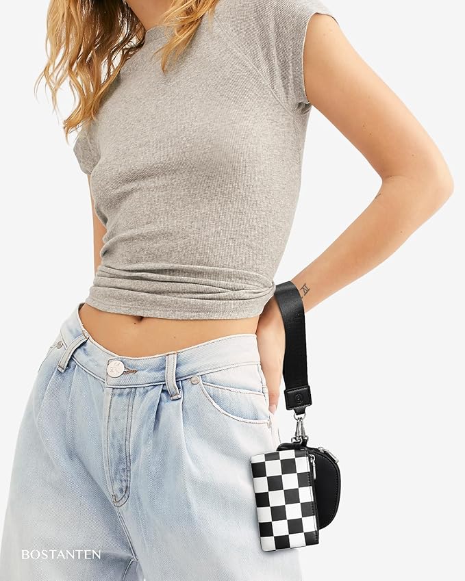 BOSTANTEN Small Wallet Checkered, Wristlet Wallets for Women RFID Detachable Dual Pouch Keychain Wristlet Wallet Cute Coin Purse, Black and White