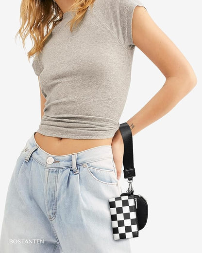 BOSTANTEN Small Wallet Checkered, Wristlet Wallets for Women RFID Detachable Dual Pouch Keychain Wristlet Wallet Cute Coin Purse, Black and White