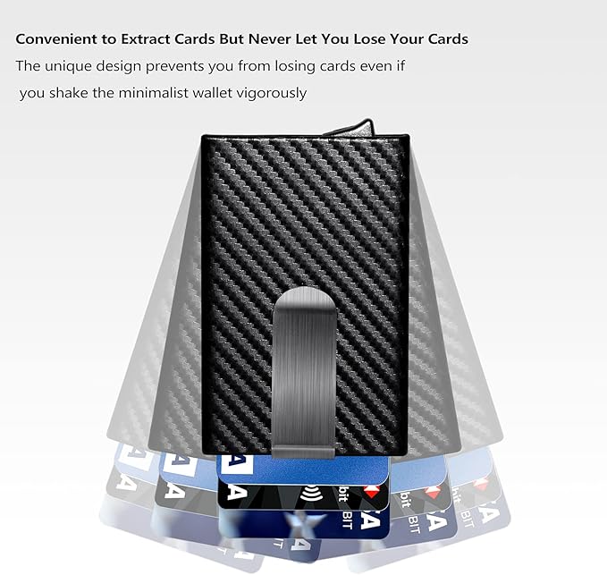 MOSIYEEF Slim RFID Blocking Card Holder Wallet for Men - Minimalist Pop Up Credit Card Holder Wallet with Stainless Steel Money Clip, Carbon Fiber Leather Case, Holds 6 Cards - Ideal Gift for Him