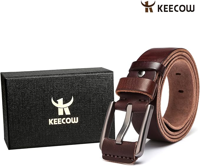 KEECOW Men's 100% Italian Cow Leather Belt Men With Anti-Scratch Buckle,Packed in a Box