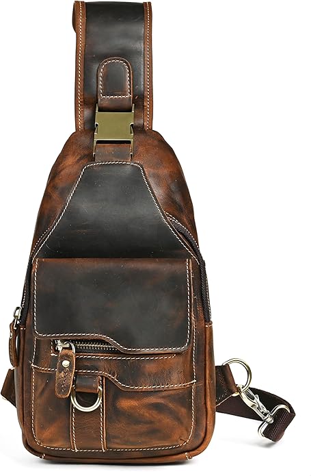 Thick Crazy horse Leather Triangle Crossbody Sling Chest Bag Travel One Shoulder Bag Daypack For Men Male 3028
