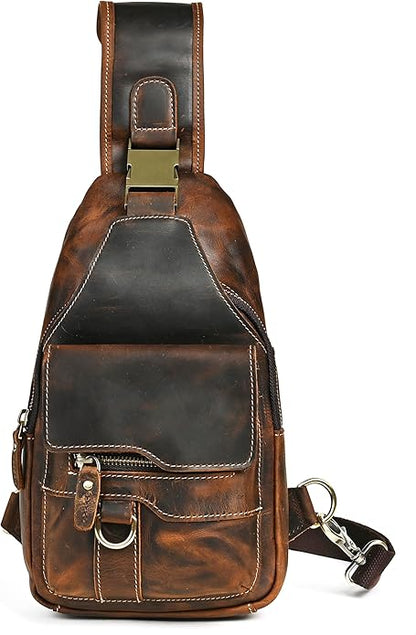Thick Crazy horse Leather Triangle Crossbody Sling Chest Bag Travel One Shoulder Bag Daypack For Men Male 3028