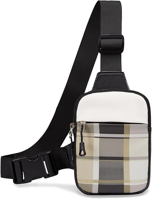 Mini Crossbody Sling Bag, PU Leather Chest Bag with Checkered Pattern, Dual Pocket Water Resistant Fanny Pack, Running Phone Holder for Men Women Workout Travelling(Scottish Tartan)