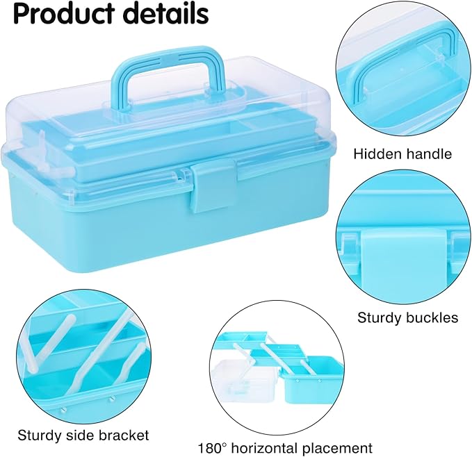 Craft Organizers Plastic Tool Box with Handle 3-Layer for Sewing Supplies, Medicine, Art Supplies, Nails and Hair Accessories 12.5inch (Blue)