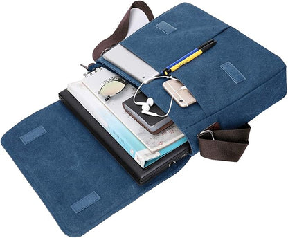 Mactso Vintage Canvas Messenger Bag for Men Women, 13.5 Inch Laptop Satchel Shoulder Bag with Multiple Pockets, Crossbody Bag for Work Travel College (Blue)