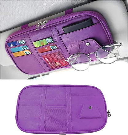 Car Sun Visor Organizer, Leather Multi-Pocket Visor Organizer Pouch with Double Zippers Net, Sunglass Holder Storage Pocket for License Pen Key Card Registration Document (Purple)